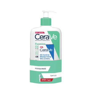 Photo du pack CeraVe Gel Moussant 473 ml avec Gel Crème Oil Control format voyage offert – routine peaux mixtes à grasses