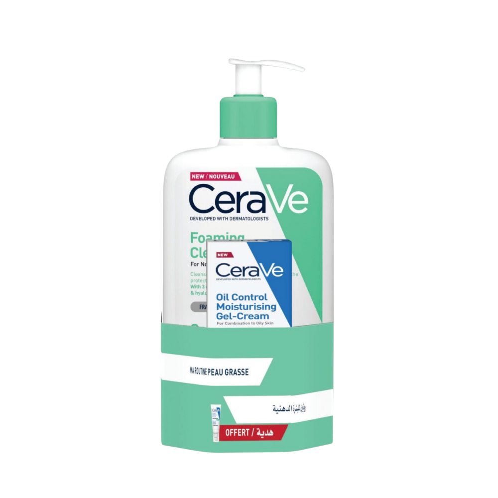 Photo du pack CeraVe Gel Moussant 473 ml avec Gel Crème Oil Control format voyage offert – routine peaux mixtes à grasses