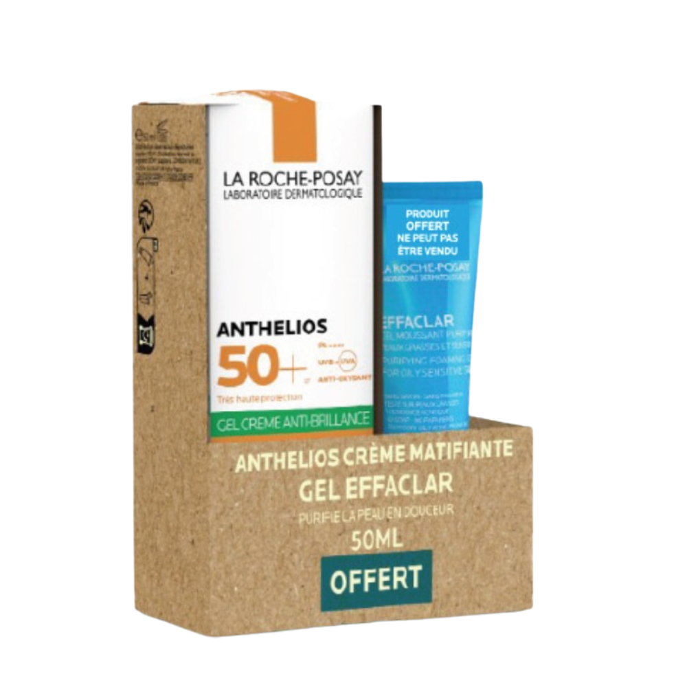 Visuel de la crème solaire matifiante Anthelios SPF50+ avec gel nettoyant Effaclar offert